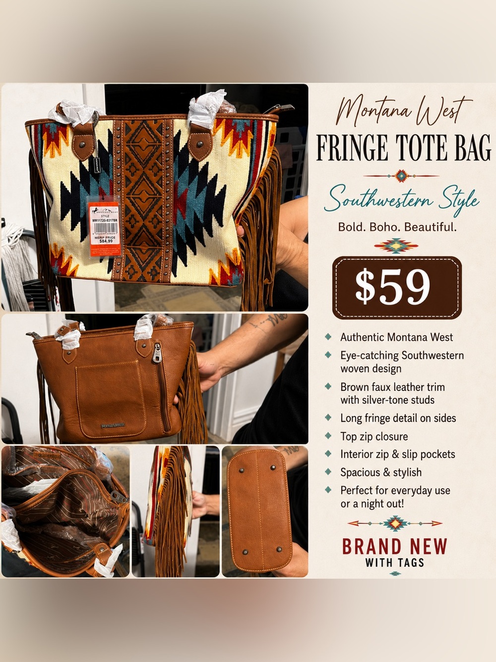 Montana West Tan Faux Leather Southwestern Fringe Messenger Bag